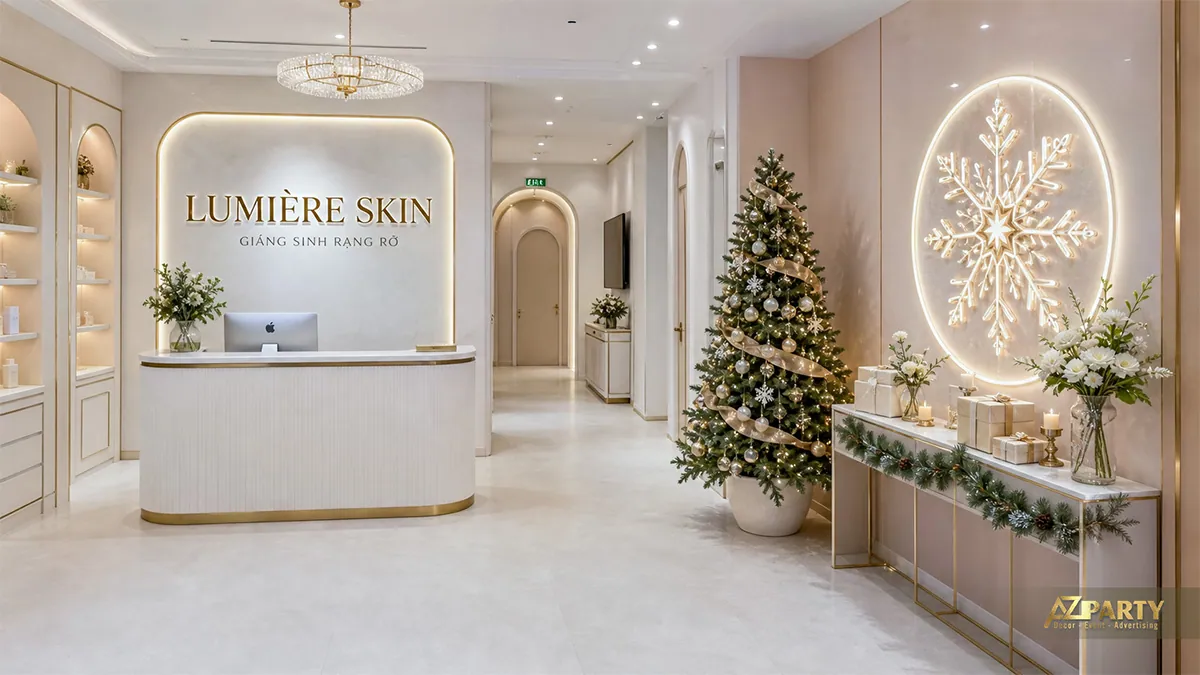 Quầy tiếp tân spa với cây thông trắng vàng và bông tuyết