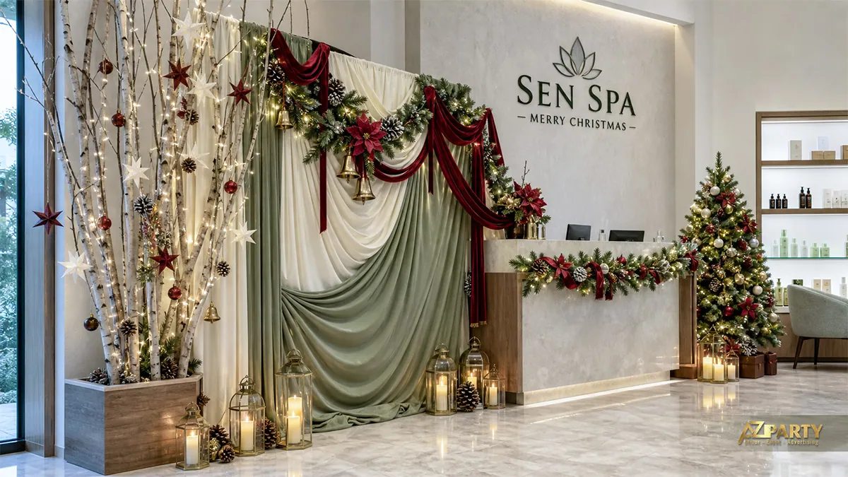 Quầy tiếp tân spa với rèm vải, thân bạch dương và đèn lồng Noel