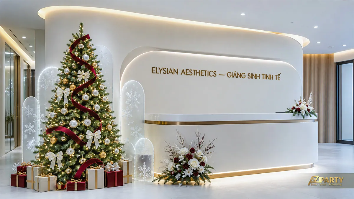Quầy tiếp tân thẩm mỹ viện với cây thông, mảng acrylic bông tuyết và hoa