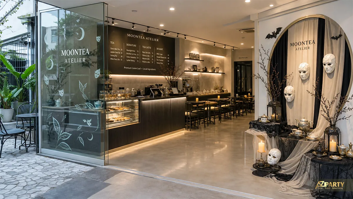 Quầy trà Moontea Atelier trang trí mặt nạ trắng, rèm đen, cành cây và bàn trà Halloween