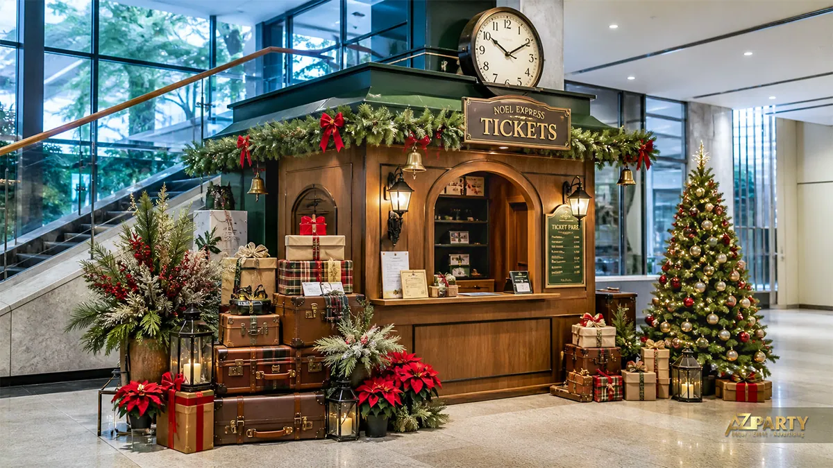 Quầy vé Noel Express bằng gỗ với vali cổ, cây thông và đèn lồng