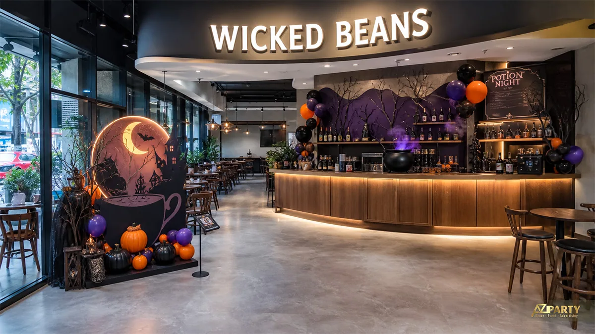 Quầy Wicked Beans chủ đề Potion Night với nồi thuốc, bóng tím cam và tách cà phê ma