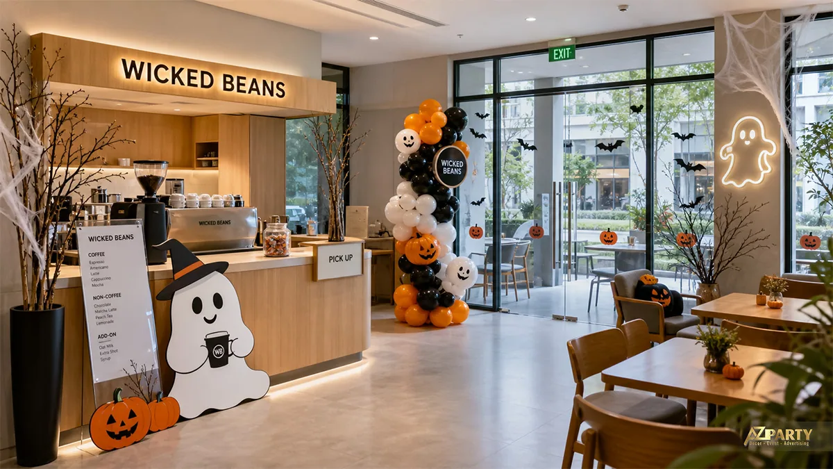 Quầy Wicked Beans với ma nhỏ cầm ly, trụ bóng cam đen trắng và đèn neon