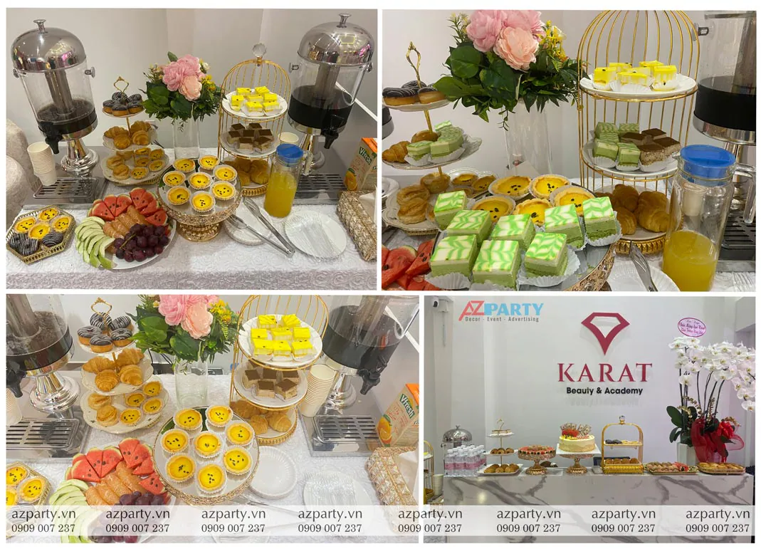 Bàn tiệc ngọt teabreak khai trương thẩm mỹ viện Karat chu đáo phục vụ khách mời.