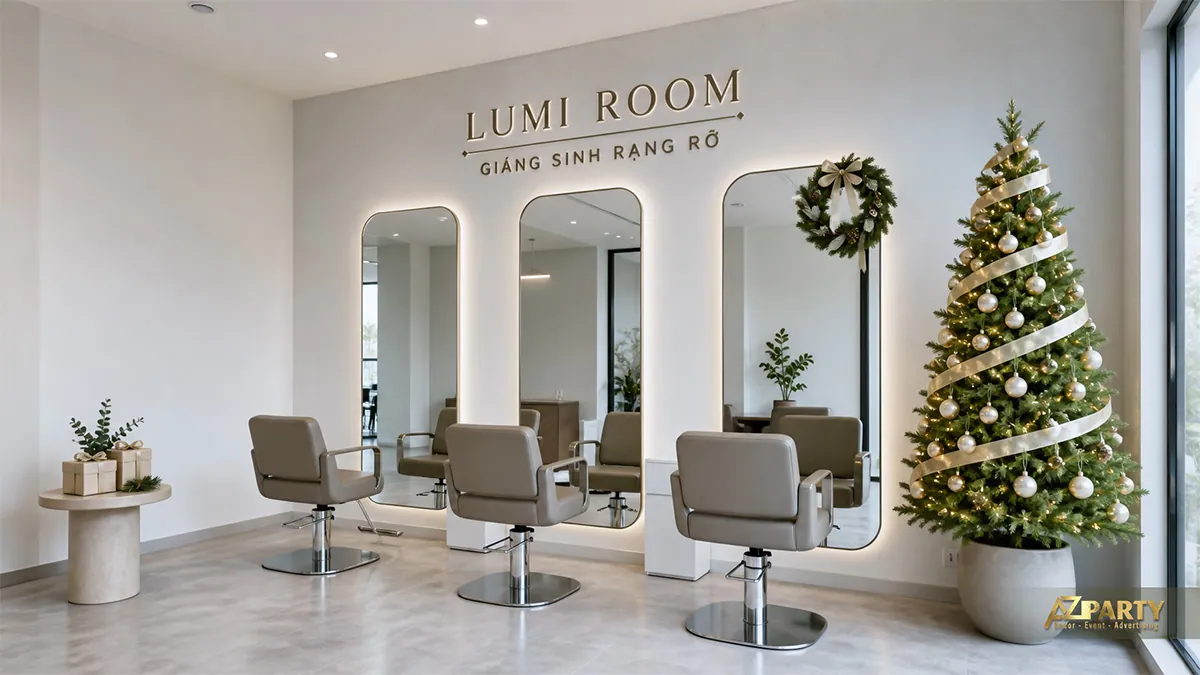 Salon tông trắng vàng với cây thông, vòng nguyệt quế và đèn trang trí