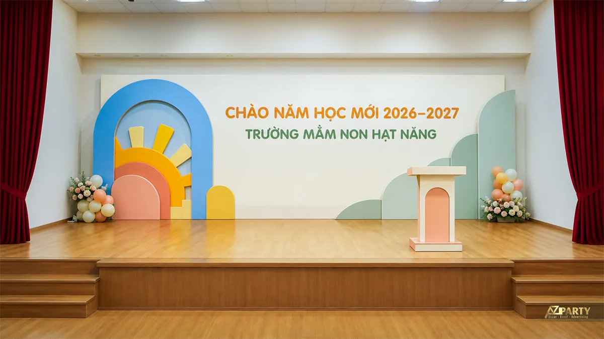 Sân khấu mầm non Hạt Nắng với mặt trời pastel, cụm bóng và bục phát biểu nhỏ