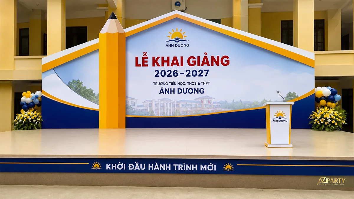 Sân khấu khai giảng Ánh Dương tạo hình mái trường, cây bút chì vàng và nền xanh