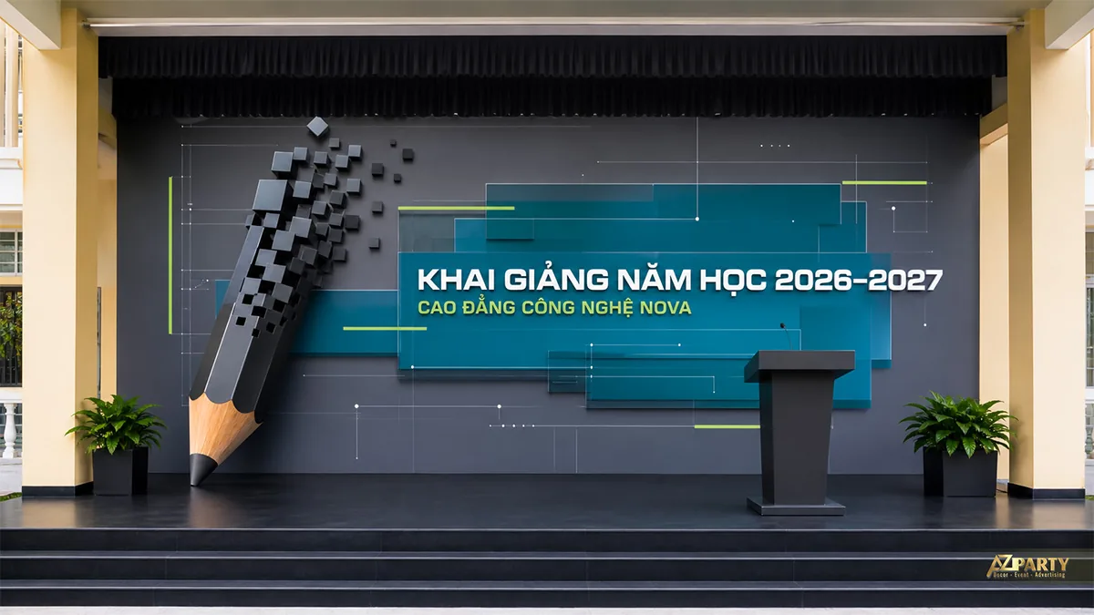 Sân khấu Cao đẳng Công nghệ Nova màu xanh đậm với mô hình bút chì và đường nét công nghệ