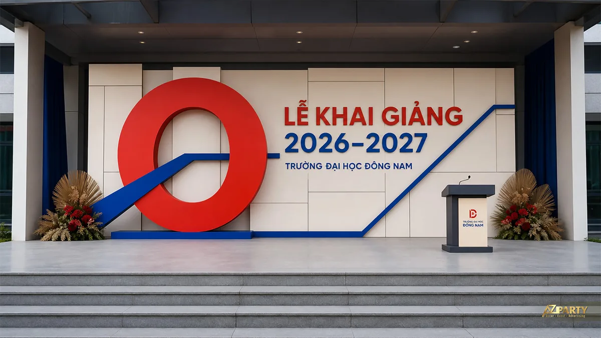 Sân khấu khai giảng Đại học Đông Nam với vòng tròn đỏ và đường kẻ xanh trên nền trắng