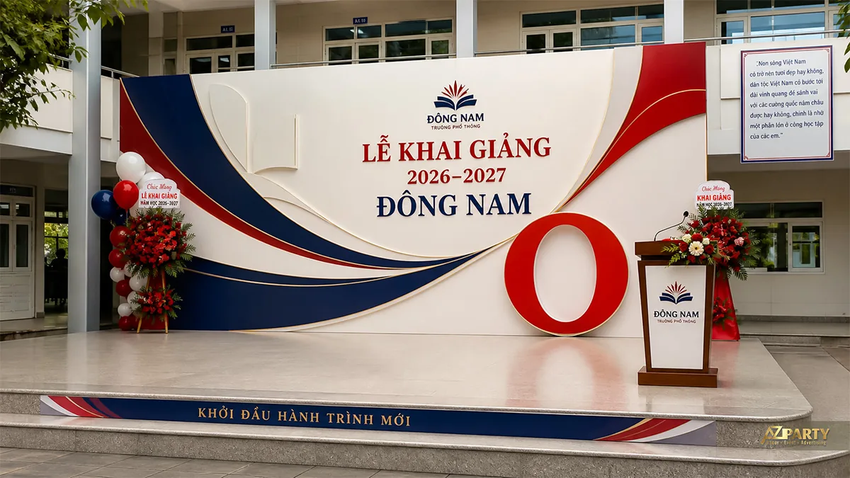 Sân khấu khai giảng Đông Nam màu đỏ xanh với mảng uốn lượn và bục phát biểu