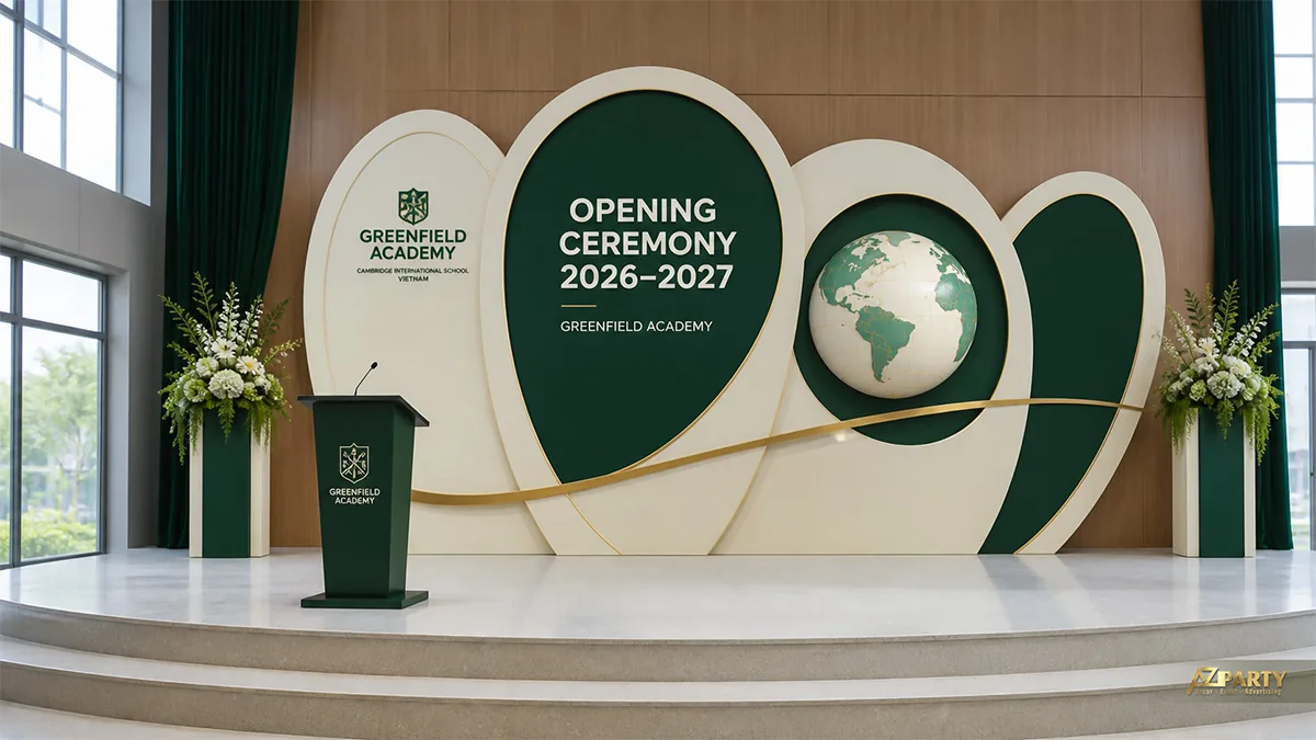 Sân khấu Greenfield Academy màu xanh kem với các khung oval và quả địa cầu