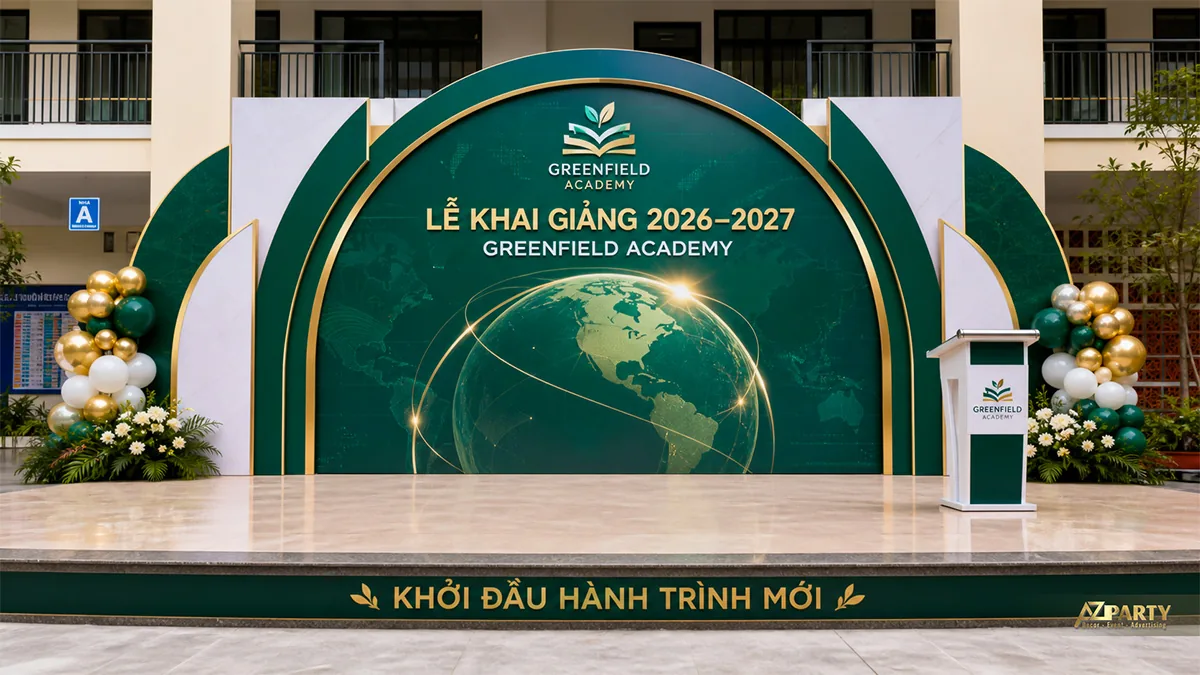 Sân khấu khai giảng Greenfield Academy màu xanh lá với hình quả địa cầu và cụm bóng hai bên