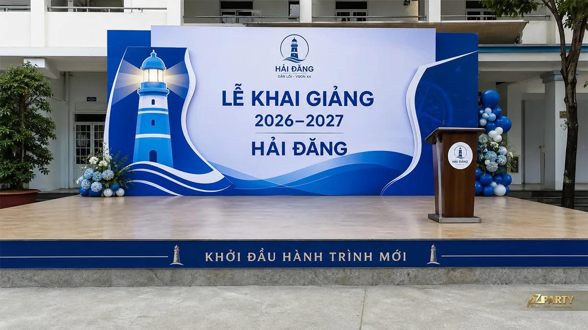 Sân khấu khai giảng Hải Đăng màu xanh dương với mô hình ngọn hải đăng