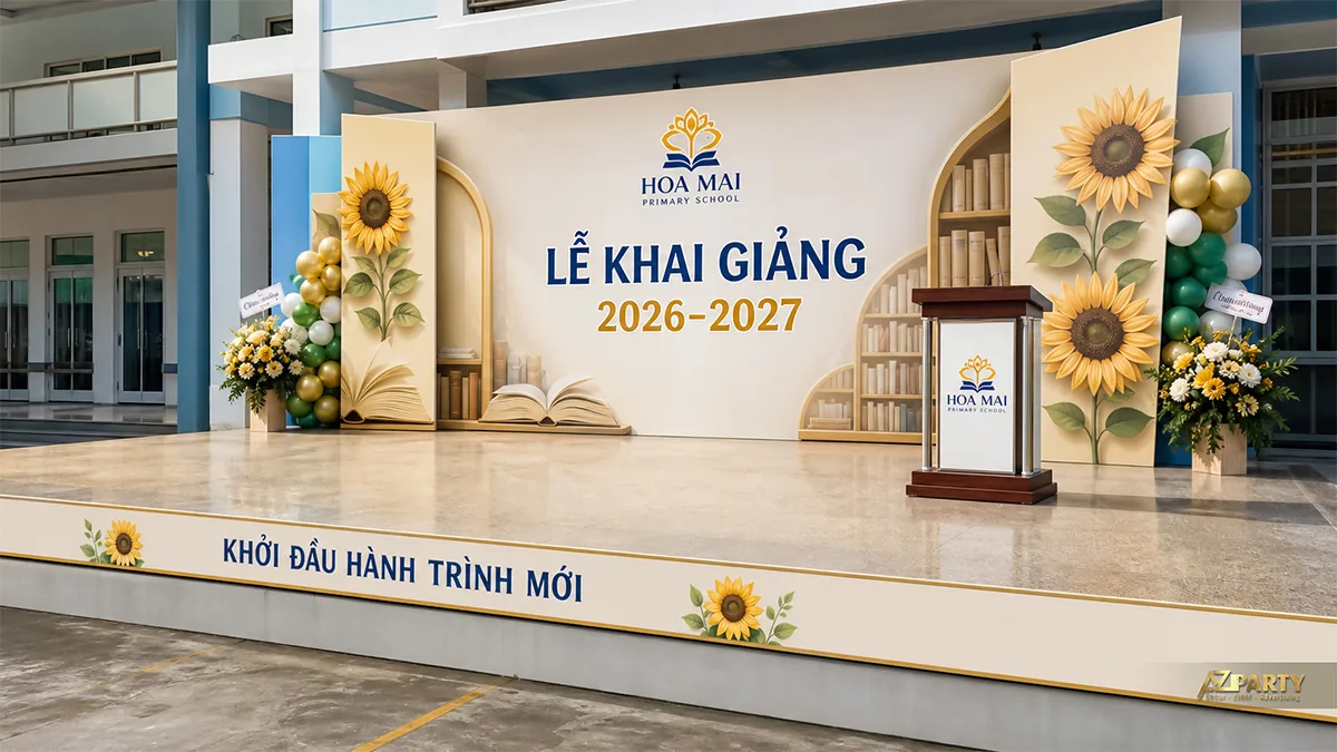Sân khấu khai giảng Hoa Mai với hoa hướng dương, kệ sách và sách mở