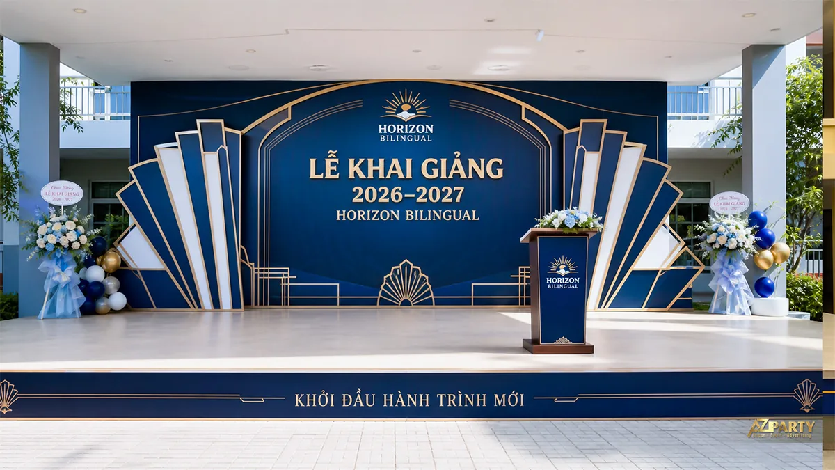 Sân khấu khai giảng Horizon Bilingual màu xanh navy, trắng và họa tiết Art Deco