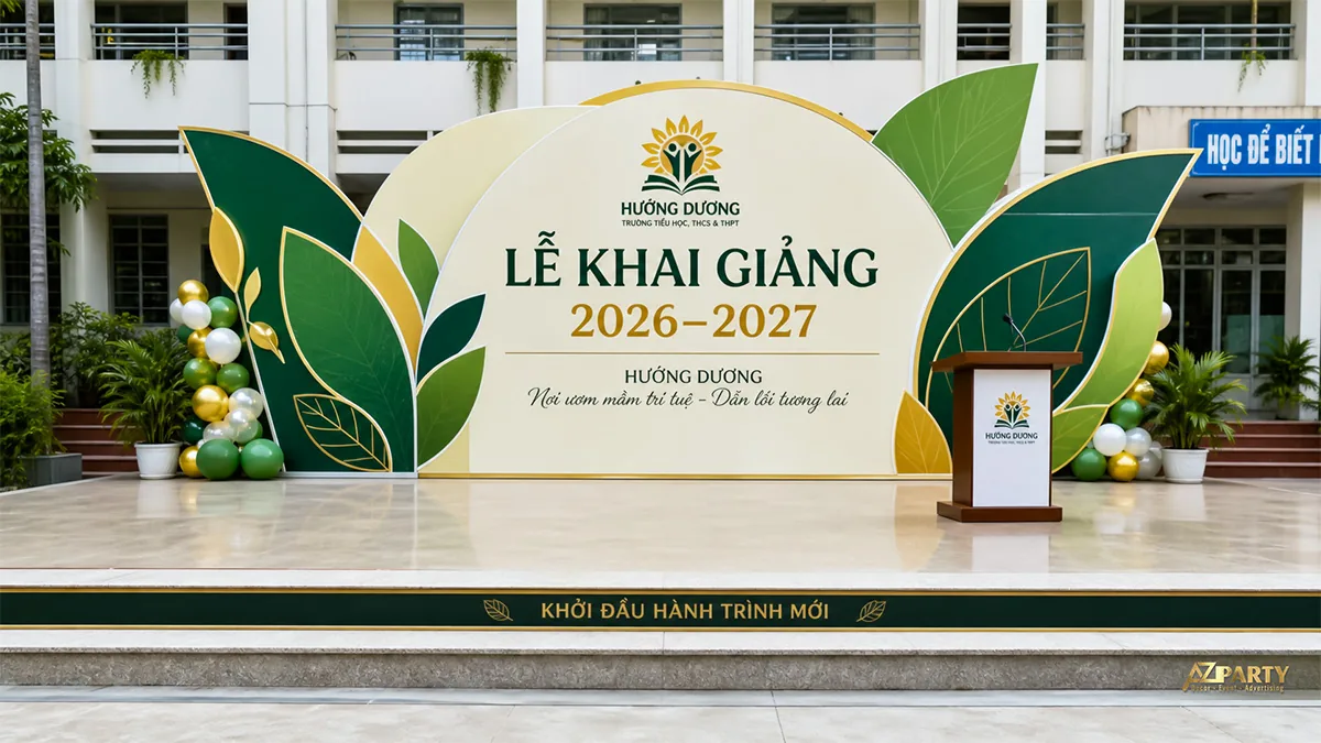 Sân khấu khai giảng Hướng Dương với các lớp lá xanh, vàng và cụm bóng hai bên