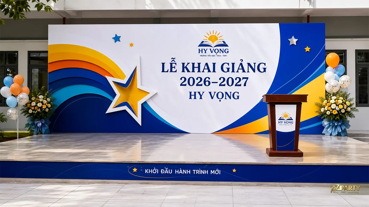 Sân khấu khai giảng Hy Vọng màu xanh vàng cam với ngôi sao nổi ở bên trái