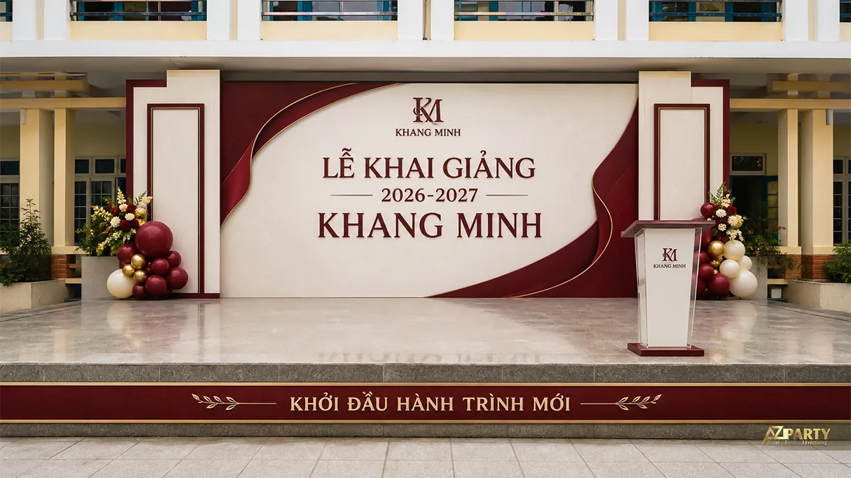 Sân khấu lễ khai giảng Khang Minh màu đỏ đô và kem với hoa bóng hai bên