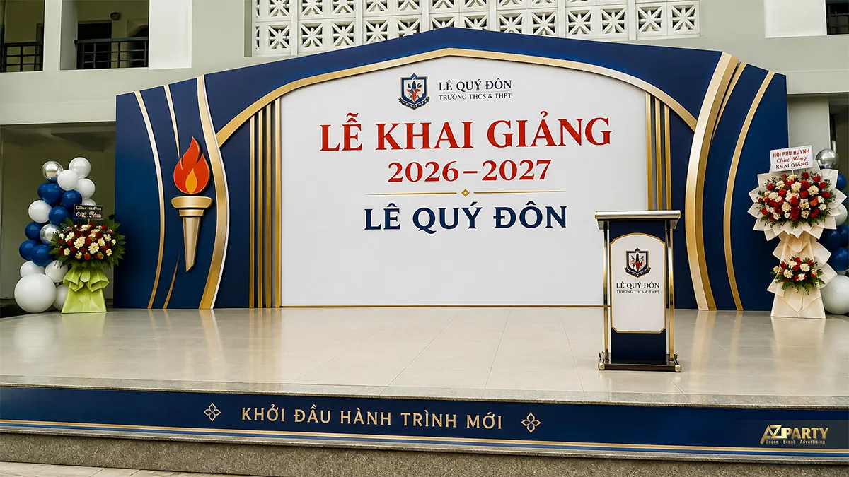 Sân khấu lễ khai giảng Lê Quý Đôn màu xanh navy, viền vàng và biểu tượng ngọn đuốc