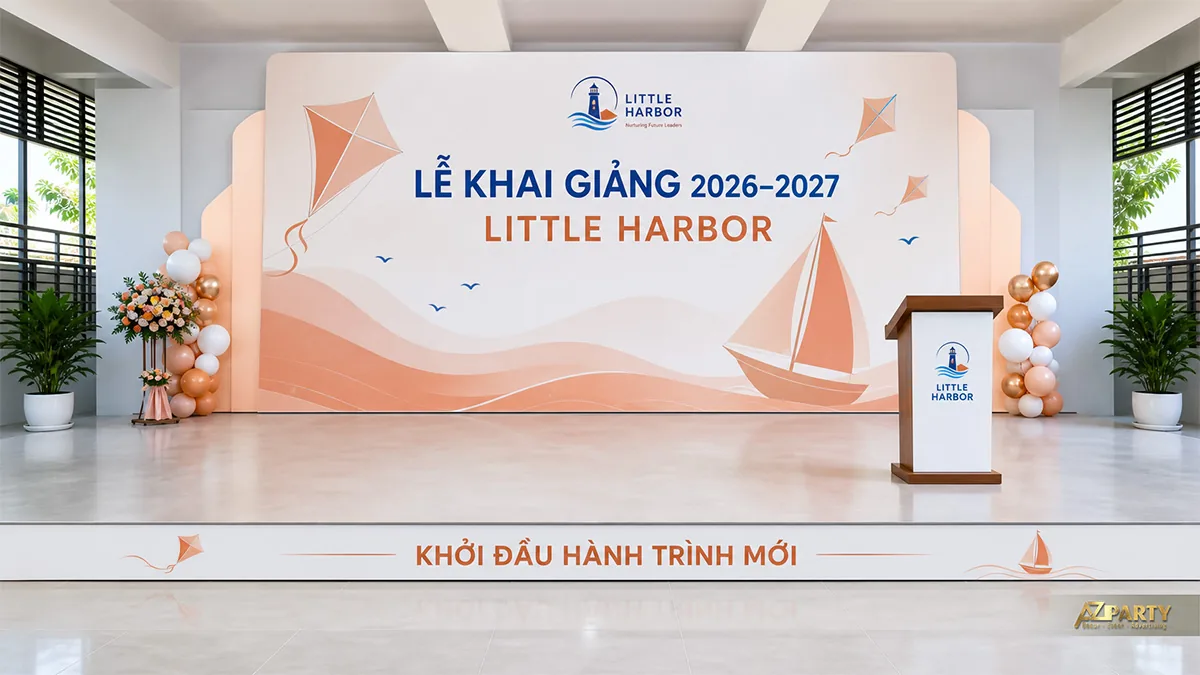 Sân khấu khai giảng Little Harbor màu cam nhạt với thuyền buồm và cánh diều