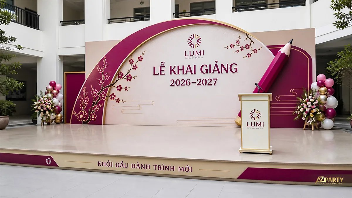 Sân khấu khai giảng Lumi Primary màu đỏ hồng với cành hoa và cây bút chì lớn
