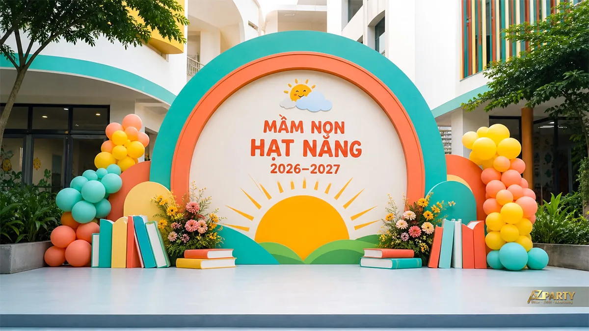 Sân khấu khai giảng mầm non Hạt Nắng với bình minh, sách và bóng xanh cam vàng