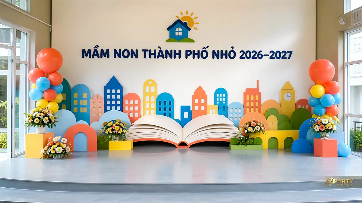 Sân khấu mầm non Thành Phố Nhỏ với sách mở, dãy nhà nhiều màu, hoa và bóng