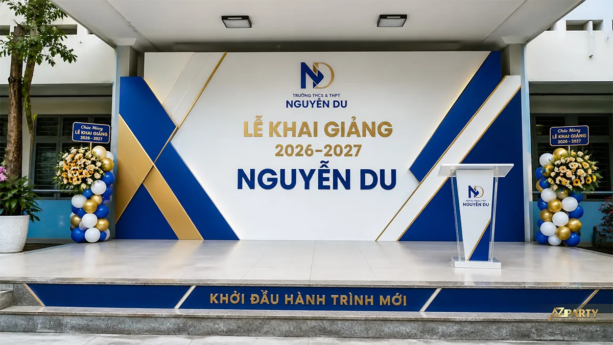 Sân khấu khai giảng Nguyễn Du màu xanh vàng với các mảng chéo và bục mica