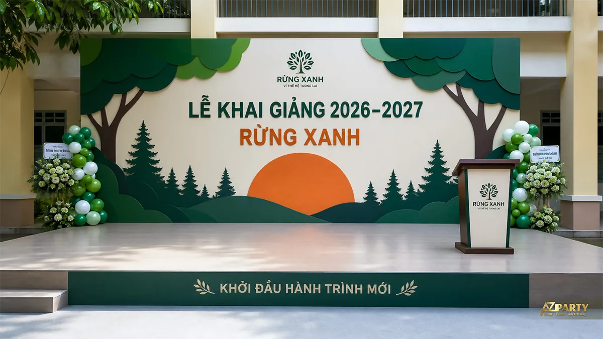 Sân khấu khai giảng Rừng Xanh với cây rừng, mặt trời cam và cụm bóng xanh lá
