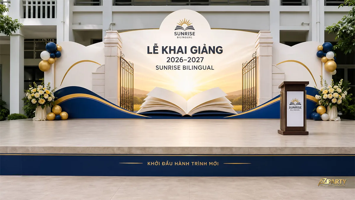 Sân khấu Sunrise Bilingual có sách mở, cổng trường và ánh bình minh ở trung tâm