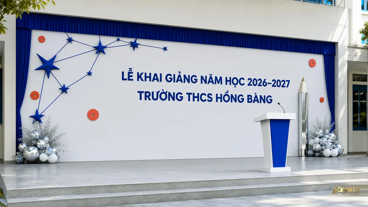 Sân khấu khai giảng THCS Hồng Bàng màu trắng xanh với ngôi sao, bút chì và bóng bạc