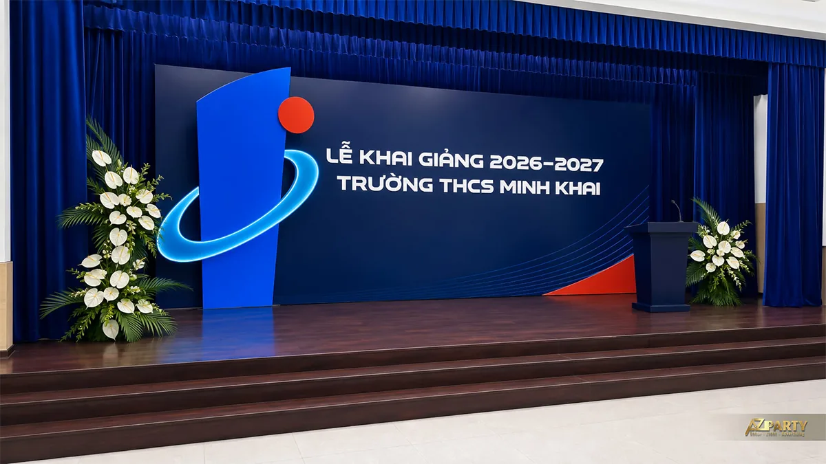 Sân khấu khai giảng THCS Minh Khai màu xanh đậm với khối hình học và vòng sáng