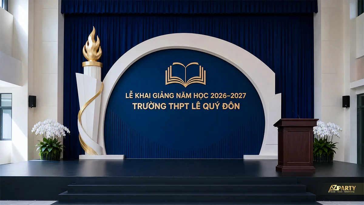 Sân khấu khai giảng THPT Lê Quý Đôn màu xanh navy với biểu tượng sách và ngọn đuốc