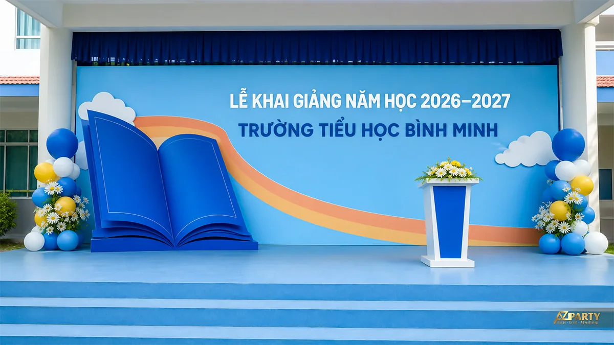 Sân khấu Tiểu học Bình Minh màu xanh với sách mở, dải cầu vồng và cụm bóng hai bên