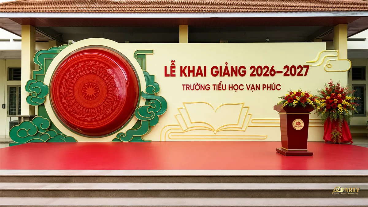 Sân khấu khai giảng Tiểu học Vạn Phúc với trống đồng đỏ, họa tiết mây và quyển sách