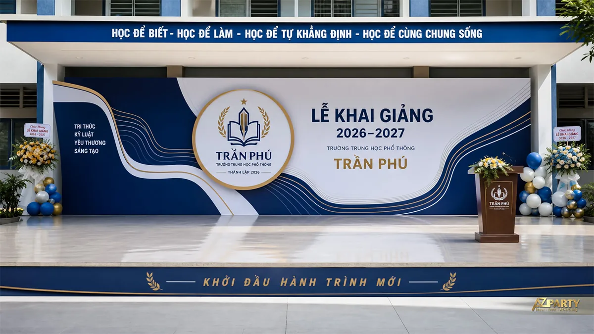 Sân khấu khai giảng Trần Phú màu xanh navy trắng với đường cong vàng và bục gỗ