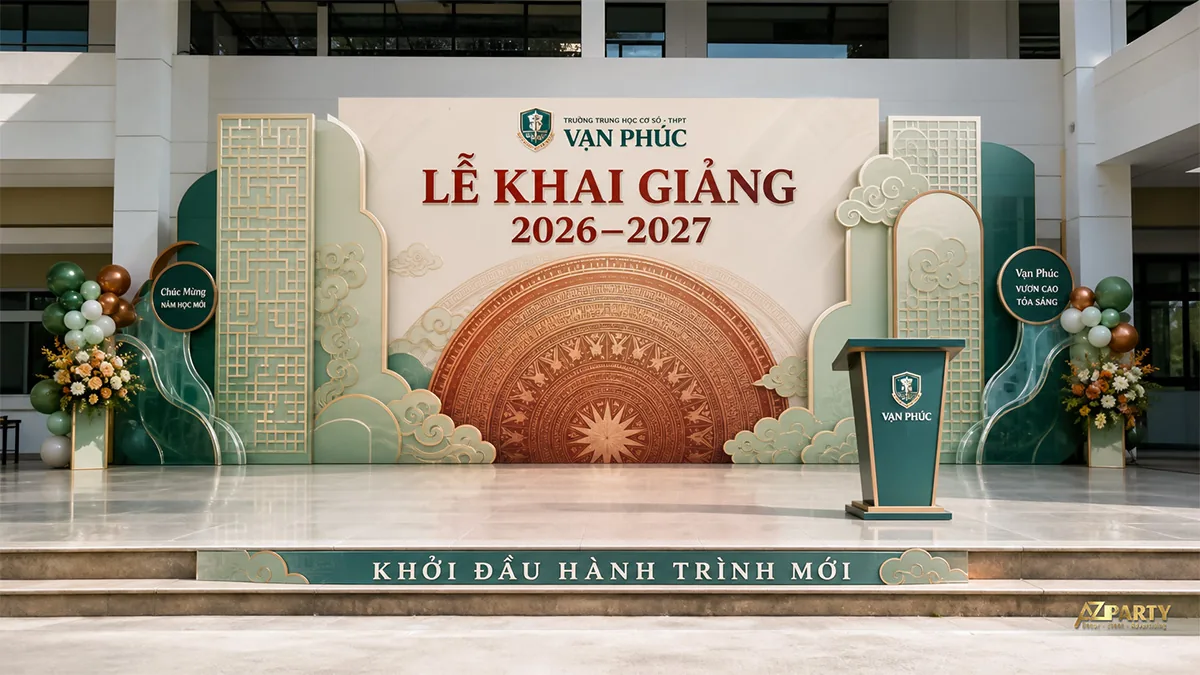 Sân khấu lễ khai giảng Vạn Phúc màu xanh ngọc với trống đồng và họa tiết mây