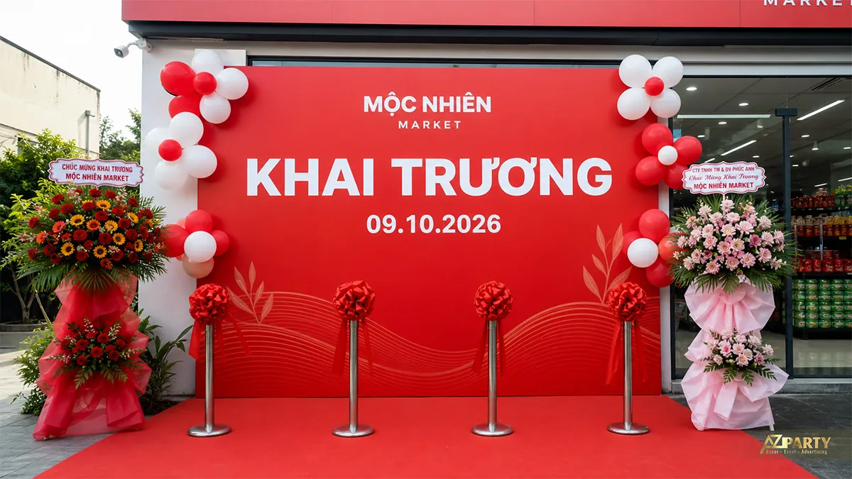 Sân khấu khai trương Mộc Nhiên màu đỏ với hoa và bục cắt băng