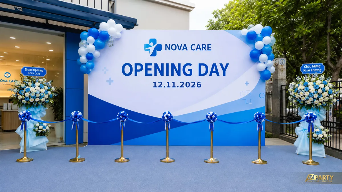 Sân khấu Nova Care màu xanh trắng cùng cổng bóng hai bên