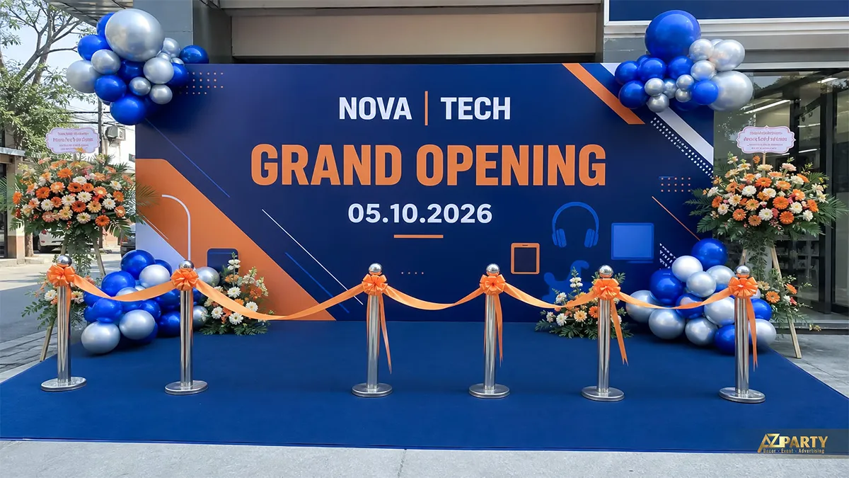 Sân khấu Nova Tech xanh dương với bóng trang trí hai bên