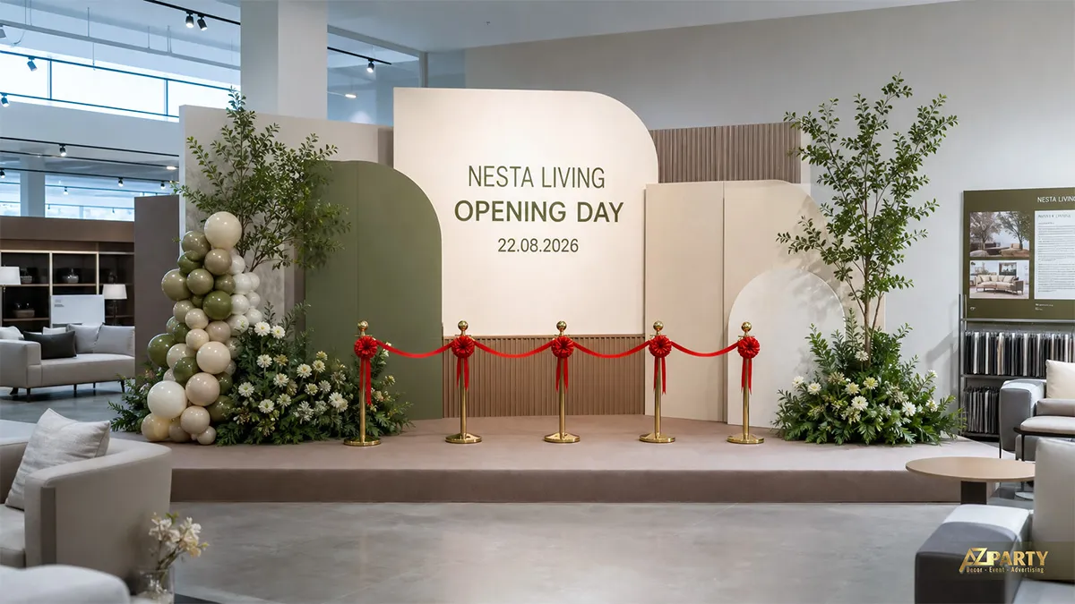 Sân khấu Nesta Living màu kem xanh đặt trong sảnh cửa hàng