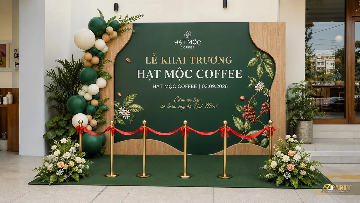 Sân khấu khai trương Hạt Mộc Coffee màu xanh lá và vàng