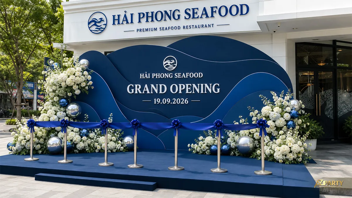 Sân khấu Hải Phòng Seafood xanh navy với họa tiết sóng