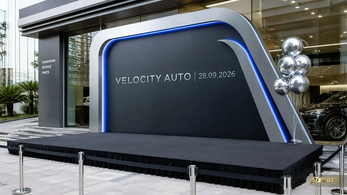 Sân khấu Velocity Auto xanh bạc với dải sáng hiện đại
