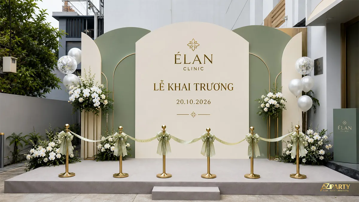 Sân khấu khai trương Élan Clinic màu kem xanh sage với hoa trắng và dải băng