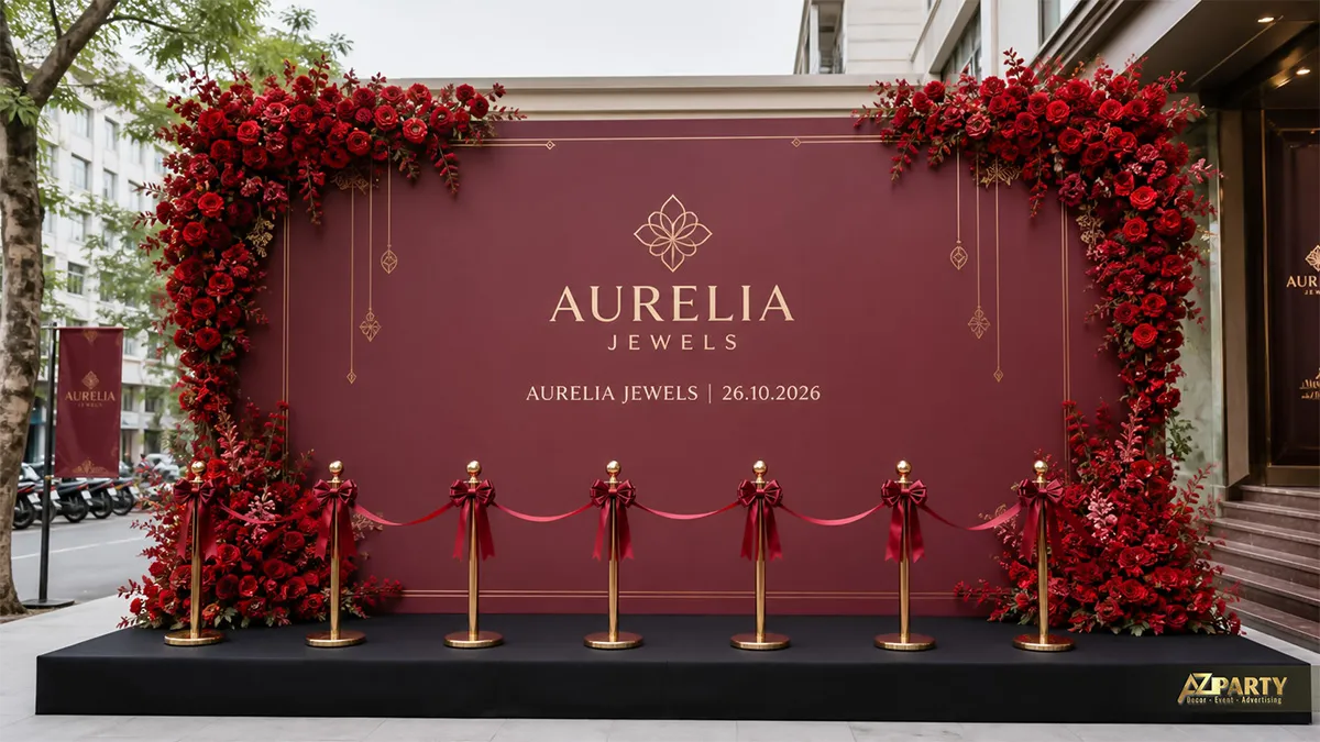 Sân khấu Aurelia Jewels màu đỏ burgundy phủ hoa hồng đỏ quanh phông nền