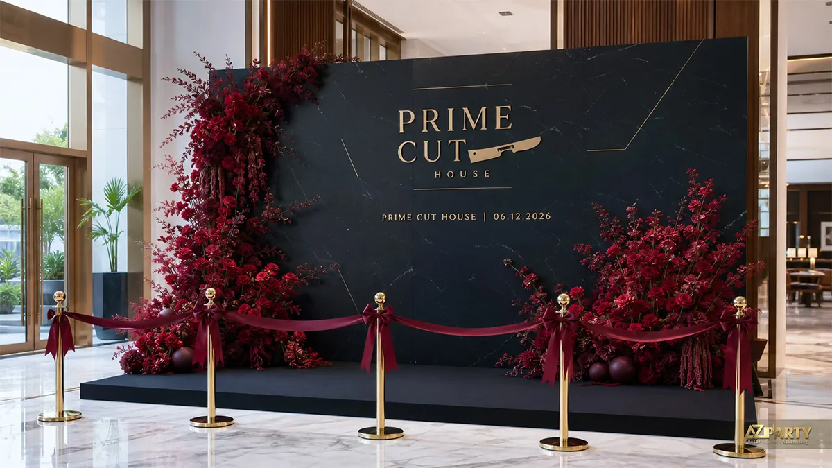Sân khấu Prime Cut House nền đen vân đá với logo vàng và hoa đỏ burgundy