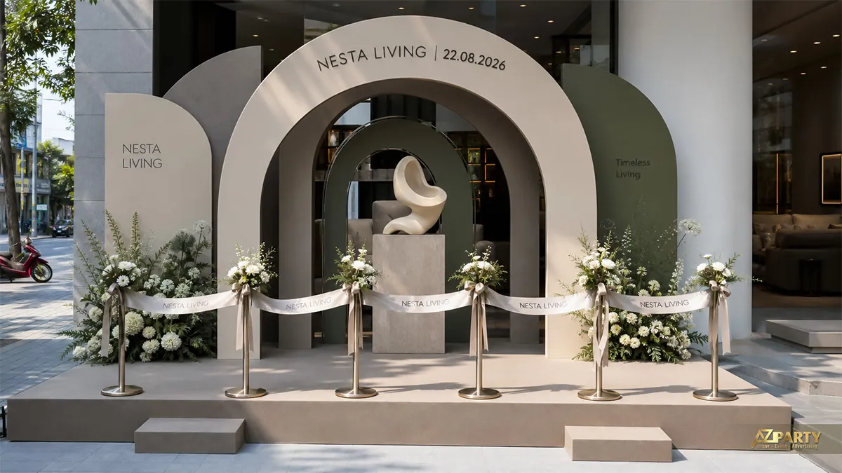 Sân khấu Nesta Living dạng vòm nhiều lớp với ghế điêu khắc và hoa trắng