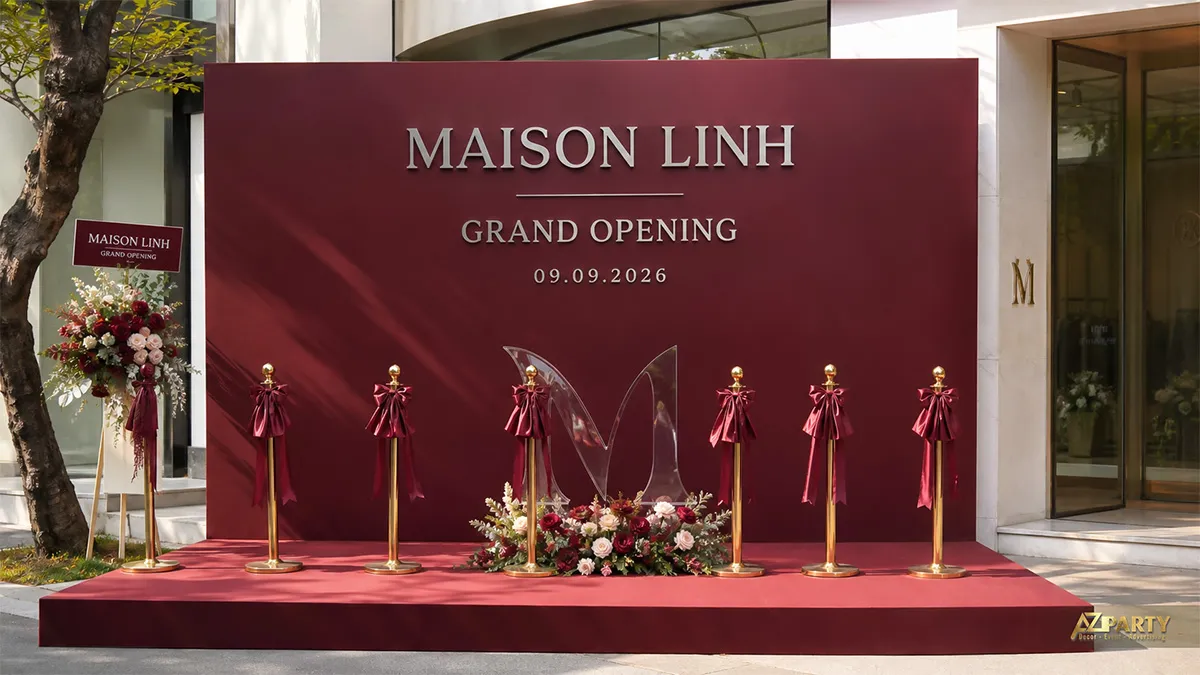 Sân khấu Maison Linh màu đỏ burgundy với mô hình chữ M và hoa trang trí phía trước