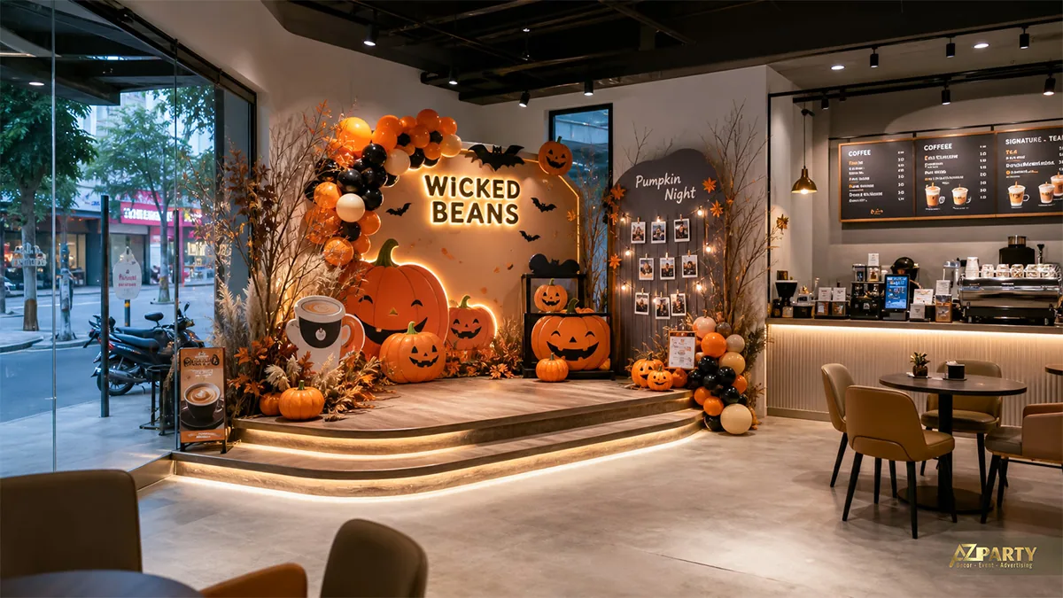 Sân khấu mini Wicked Beans chủ đề Pumpkin Night với bí ngô phát sáng và bóng cam đen